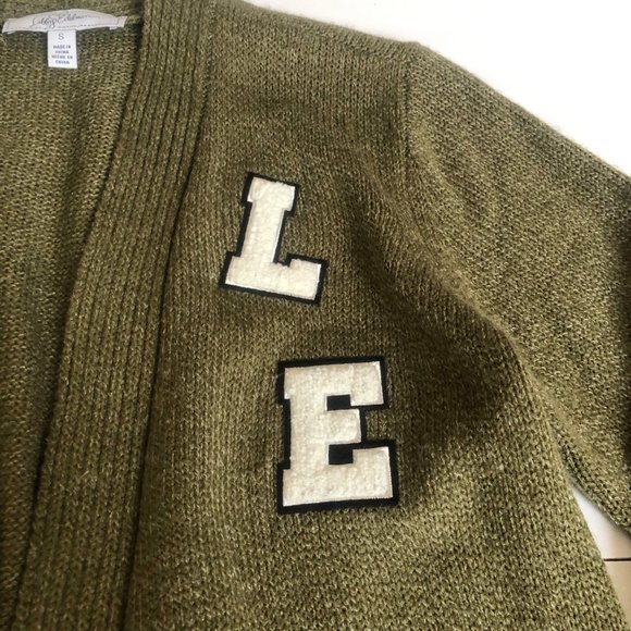 Libby Edelman Cardigan Green Open Front Pockets Applique Knit Sweater SMALL - Picture 5 of 11
